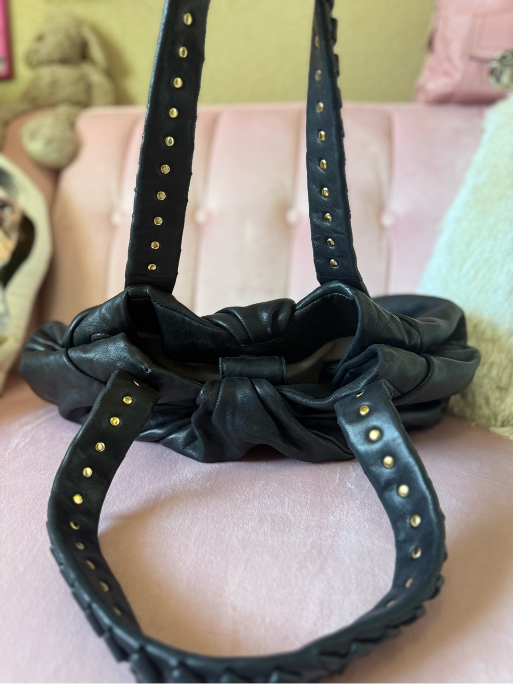 Authentic Diane Von Furstenburg SOFT Blk Leather Hobo Stud-Detail Origami Straps - Picture 12 of 16